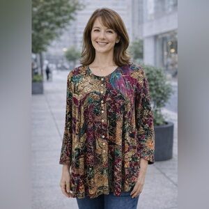 Vintage Liz Baker Velvet
Black Gold Japanese Print Button Down Long Sleeve 22W